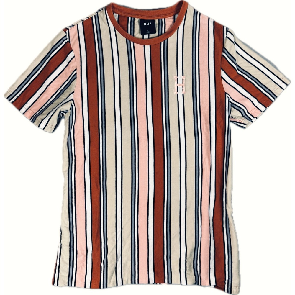 HUF T-Shirt Mens Large Multi-Color Vertical Stripe Embroidered H Logo